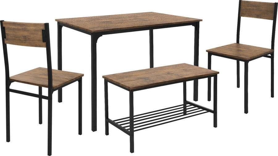 Ml-design Eetkamerset met bank 4-delig met eettafel en stoelen rustiek eiken stalen frame