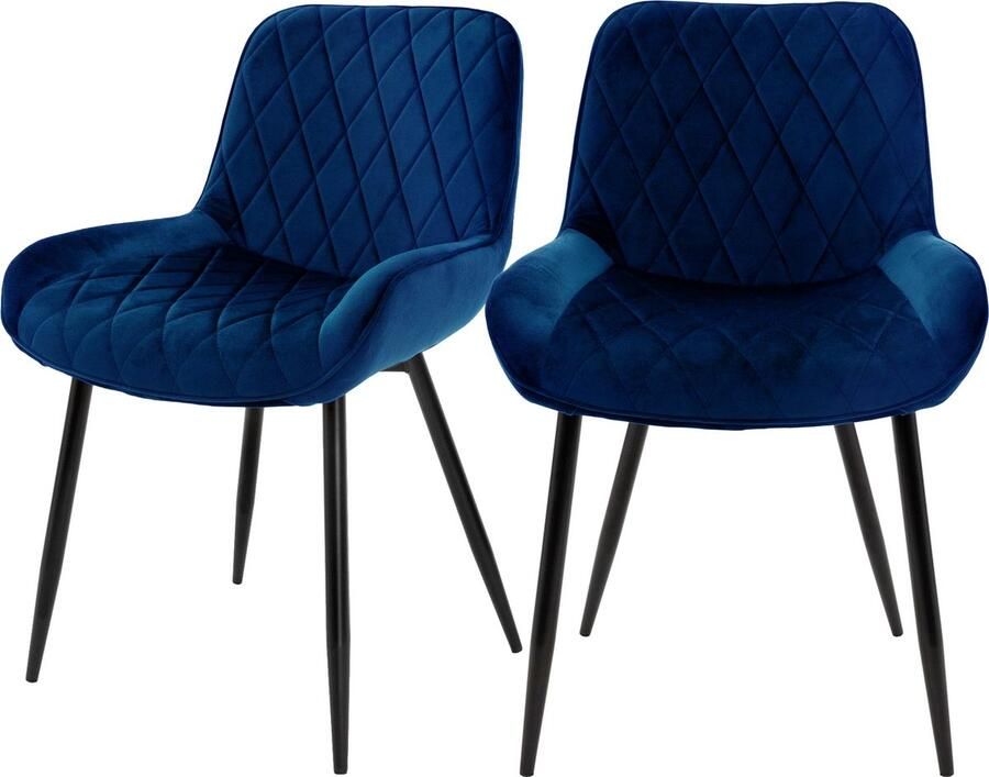 Ml-design Eetkamerstoel met ruitpatroon set van 2 donkerblauwe fluwelen bekleding met metalen poten incl. montagemateriaal