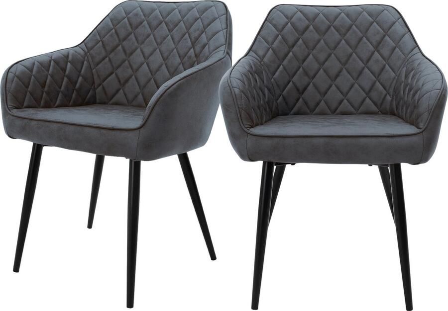 Ml-design Eetkamerstoel met ruitstiksel set van 2 met rugleuning en armleuningen antraciet Keukenstoel met kunstlederen bekleding - Foto 5