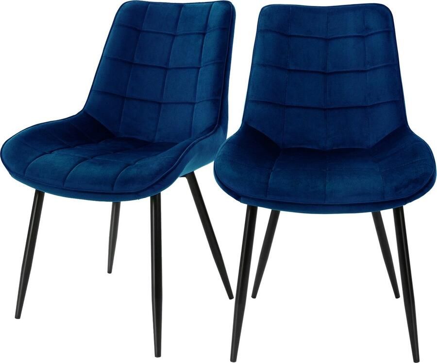 Ml-design Eetkamerstoel met vierkant quiltpatroon set van 2 donkerblauwe fluwelen bekleding met metalen poten incl. montagemateriaal - Foto 2