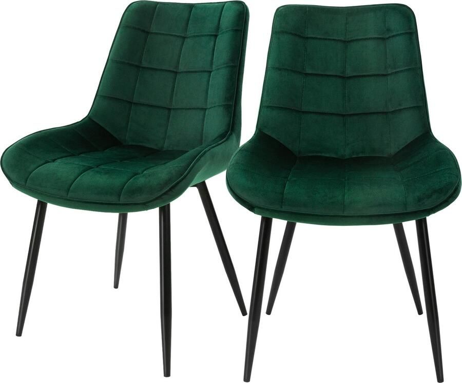 Ml-design Eetkamerstoel met vierkant quiltpatroon set van 2 donkergroene fluwelen bekleding met metalen poten incl. montagemateriaal - Foto 2