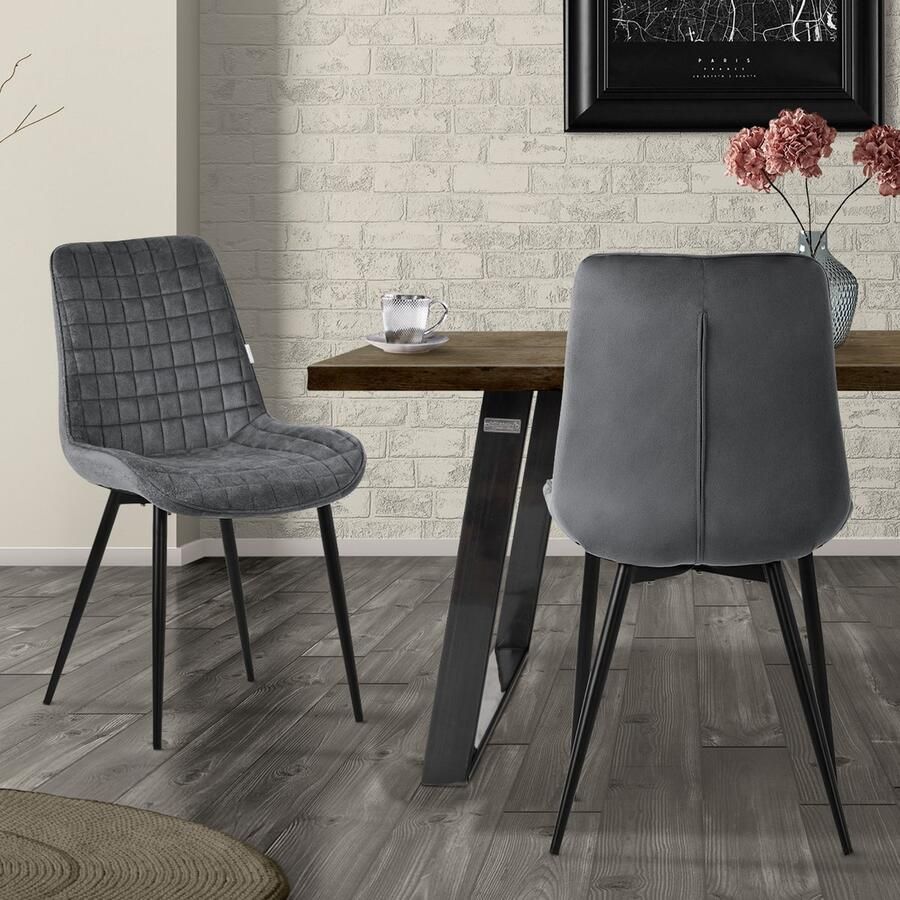 Ml-design Eetkamerstoel set van 2 antraciet met fluwelen bekleding en stalen poten Keukenstoel met rugleuning - Foto 2