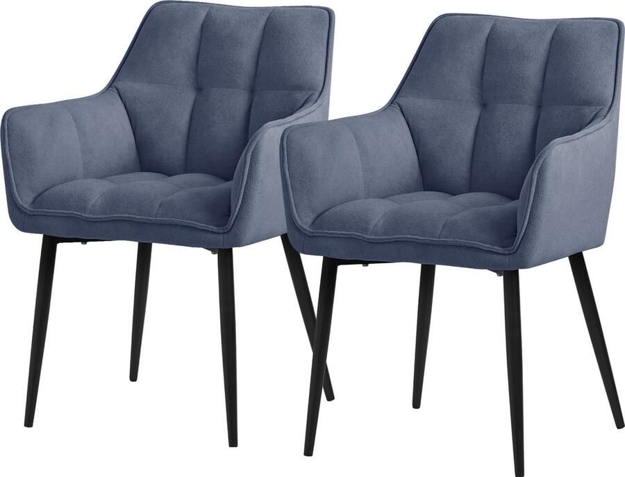 Ml-design eetkamerstoelen set van 2 in badstof blauw keukenstoel met dikke gestoffeerde zitting & metalen poten woonkamerstoel met rugleuning en armleuningen ergonomische loungestoel