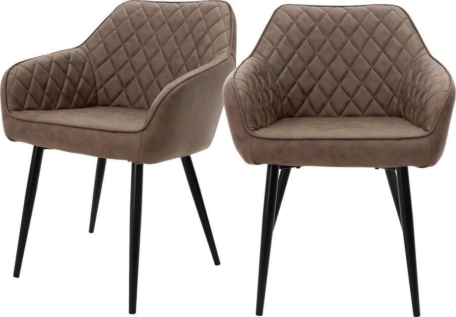 Ml-design Eetkamerstoel set van 2 diamant doorgestikte bruine kunstleren bekleding met metalen poten & armleuningen incl. montagemateriaal