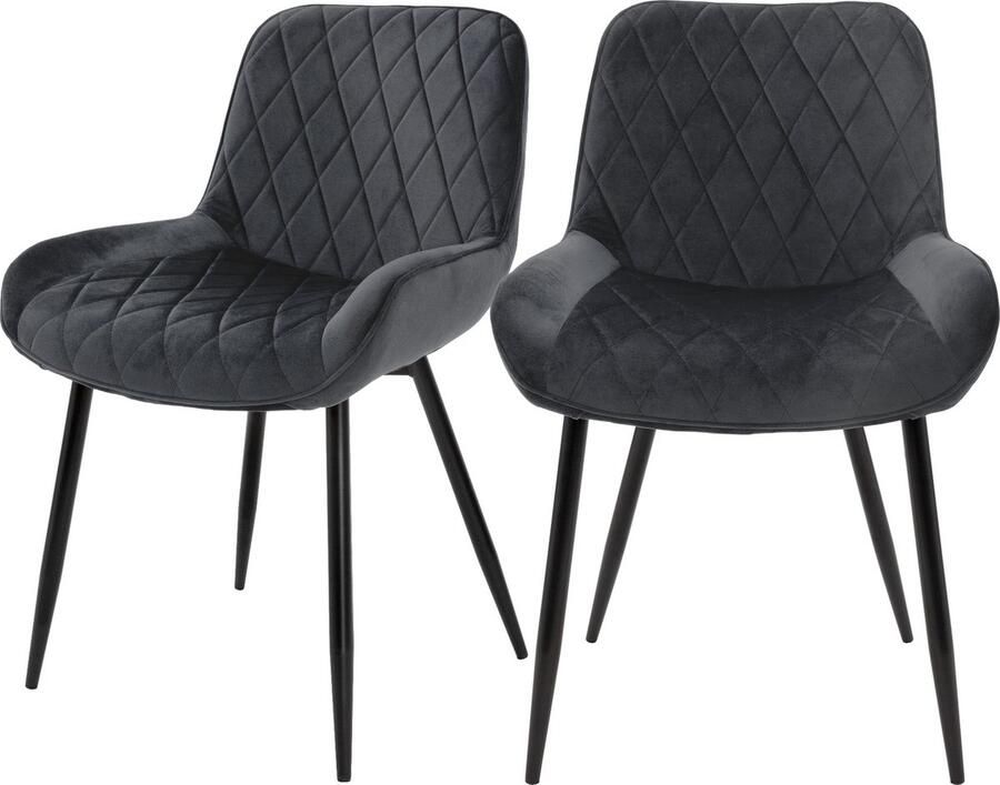 Ml-design Eetkamerstoel set van 2 diamond quilting antraciet fluwelen bekleding met metalen poten & hoge rugleuning incl. montagemateriaal