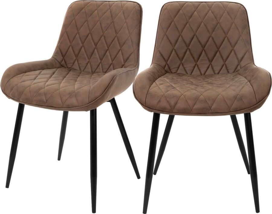 Ml-design Eetkamerstoel set van 2 diamant doorgestikte bruine kunstleren bekleding met metalen poten incl. montagemateriaal