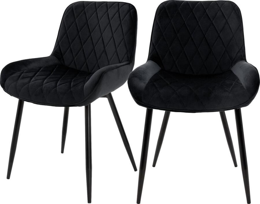 Ml-design Eetkamerstoel set van 2 diamond quilting zwart fluwelen bekleding met metalen poten incl. montagemateriaal
