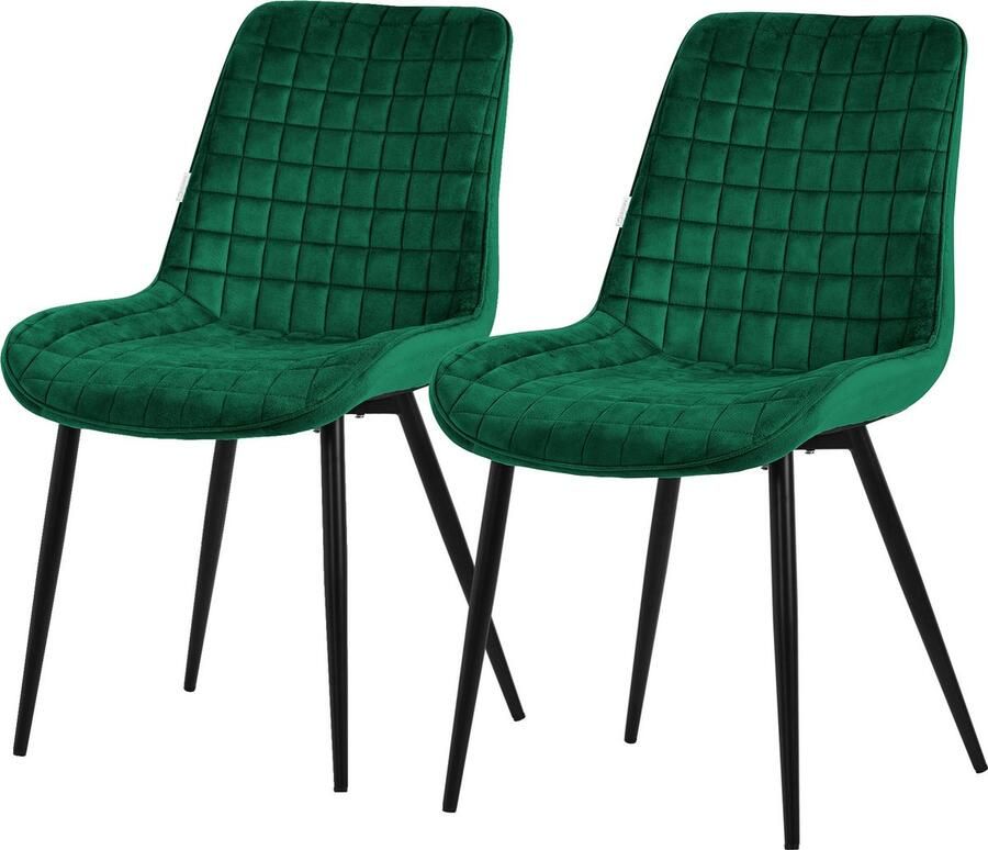 Ml-design Eetkamerstoel set van 2 donkergroen met fluwelen bekleding en stalen poten Keukenstoel met rugleuning