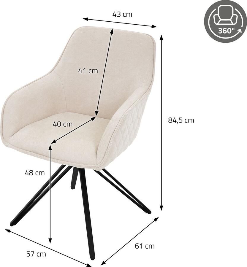 Ml-design eetkamerstoelen draaibaar set van 2 textiel geweven stof crème woonkamerstoel met armleuning rugleuning 360° draaibare stoel gestoffeerde stoel met metalen poten ergonomische fauteuil keukenstoel loungestoel