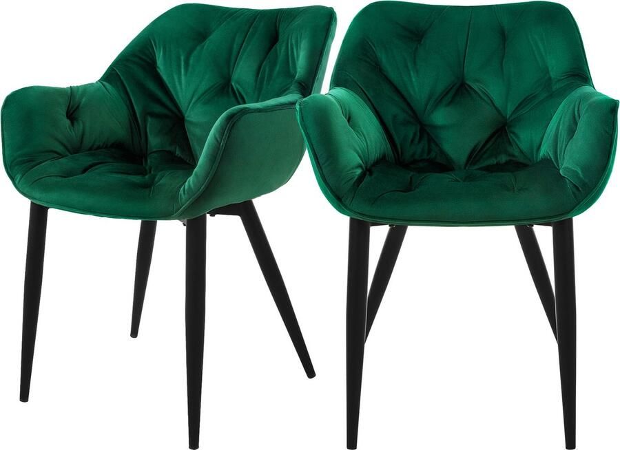 Ml-design Eetkamerstoel set van 2 Grote ruitvormige quilting met rugleuning en armleuningen Donkergroen Keukenstoel met microvezel fluwelen bekleding - Foto 2