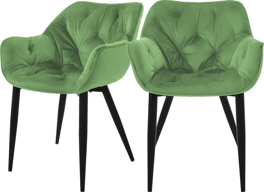 Ml-design Eetkamerstoel set van 2 Grote ruitvormige quilting met rugleuning en armleuningen Sage Keukenstoel met microvezel fluwelen bekleding - Foto 2