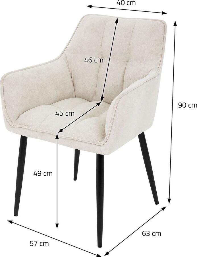 Ml-design eetkamerstoelen in badstof crème keukenstoel met dikke gestoffeerde zitting en metalen poten woonkamerstoel met rugleuning en armleuningen gestoffeerde stoel ergonomische loungestoel - Foto 2
