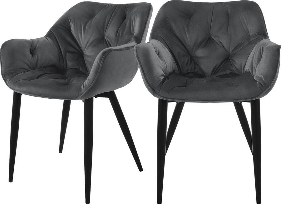 Ml-design Eetkamerstoel set van 2 met rugleuning en armleuningen antraciet Keukenstoel met microvezel fluwelen hoes