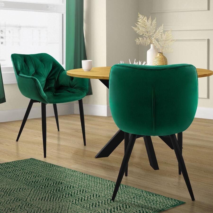 Ml-design Eetkamerstoel set van 2 Grote ruitvormige quilting met rugleuning en armleuningen Donkergroen Keukenstoel met microvezel fluwelen bekleding