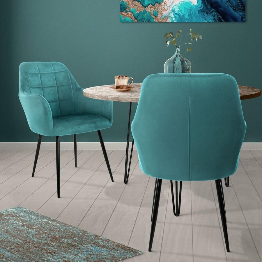 Ml-design Set van 4 Eetkamerstoelen Eetkamerstoel met Rugleuning en Armleuningen Turquoise Fluwelen Zitting Metalen Poten Keukenstoelen Woonkamerstoelen Stoel met Stoelbekleding Stoelen - Foto 3