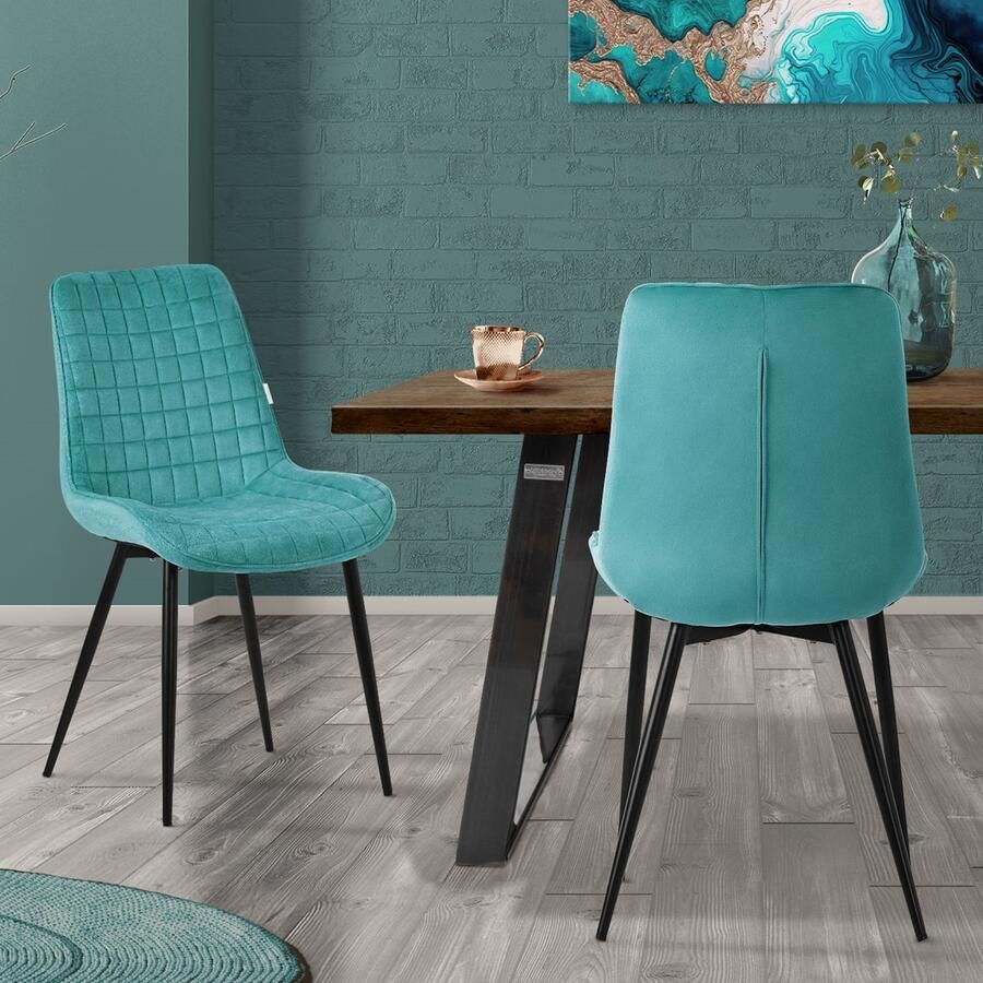 Ml-design Eetkamerstoel set van 4 petrol met fluwelen bekleding en stalen poten Keukenstoel met rugleuning