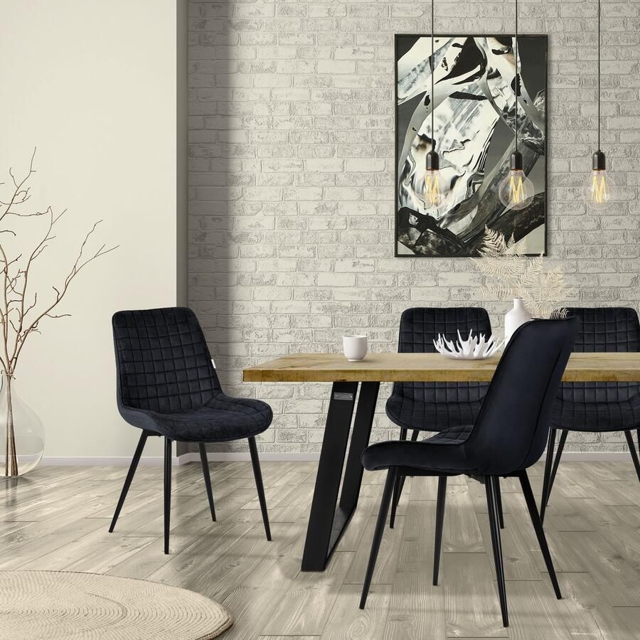 Ml-design Eetkamerstoel set van 2 zwart met fluwelen bekleding en stalen poten Keukenstoel met rugleuning