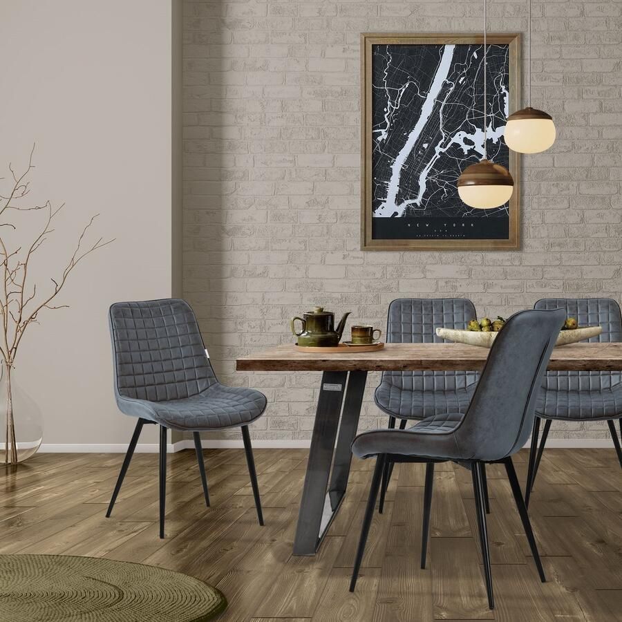 Ml-design Eetkamerstoel set van 4 antraciet met kunstlederen bekleding en stalen poten Keukenstoel met rugleuning