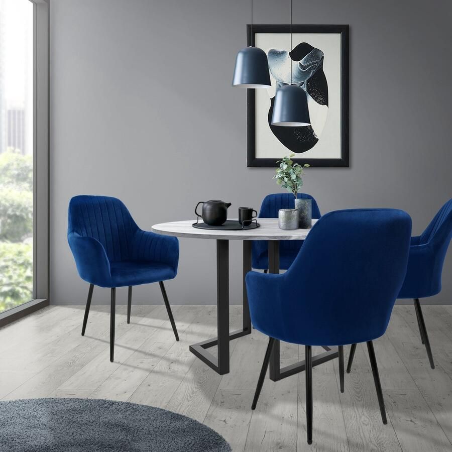 Ml-design set van 4 eetkamerstoelen met rugleuning en armleuningen blauw keukenstoelen met fluwelen bekleding gestoffeerde stoelen met metalen poten ergonomische stoelen woonkamerstoelen - Foto 2
