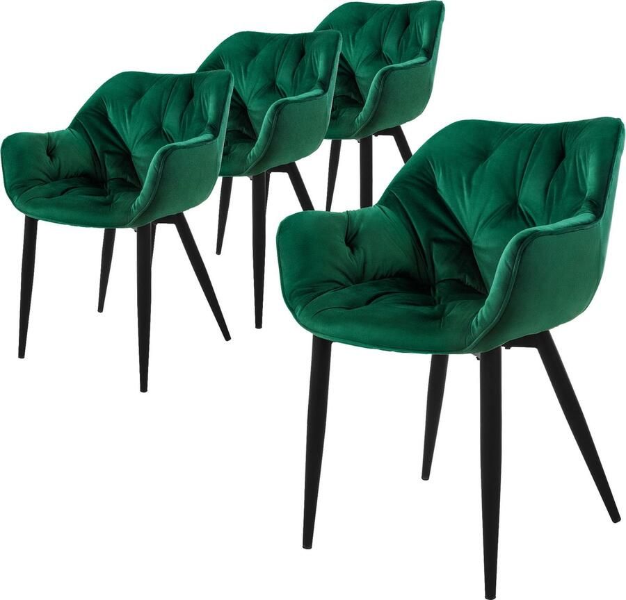 Ml-design eetkamerstoelen set van 4 donkergroen keukenstoel met dikke fluwelen gestoffeerde zitting metalen poten woonkamerstoel met rugleuning en armleuningen gewatteerde gestoffeerde stoel - Foto 2