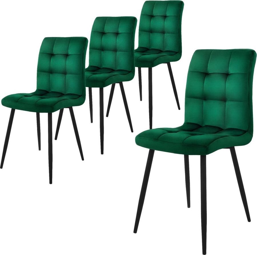 Ml-design Eetkamerstoel set van 4 grote vierkante gewatteerde donkergroene fluwelen bekleding met metalen poten incl. montagemateriaal - Foto 2