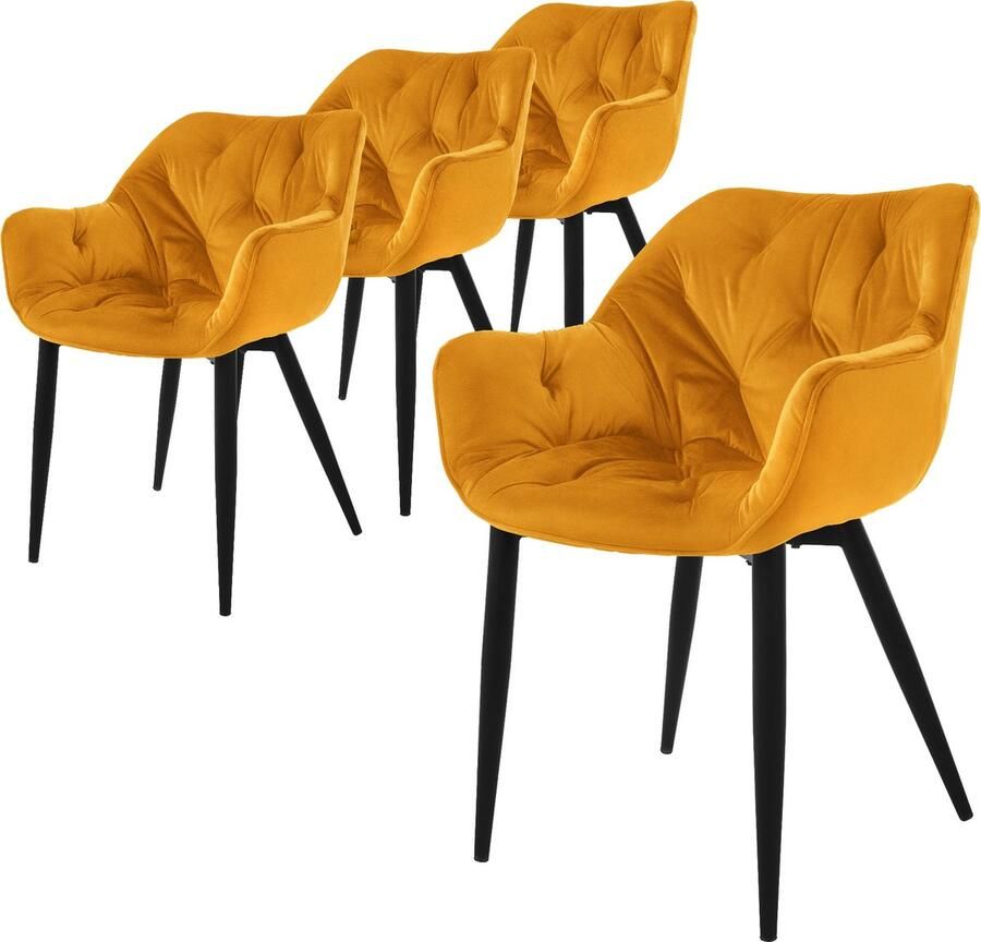Ml-design eetkamerstoelen set van 4 mosterdgeel keukenstoel met dikke fluwelen gestoffeerde zitting metalen poten woonkamerstoel met rugleuning en armleuningen gewatteerde gestoffeerde stoel ergonomische fauteuil