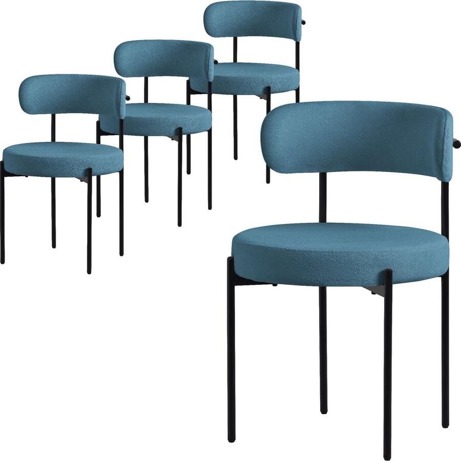 Ml-design Eetkamerstoel set van 4 met teddy stof met rugleuning Blauwe keukenstoel