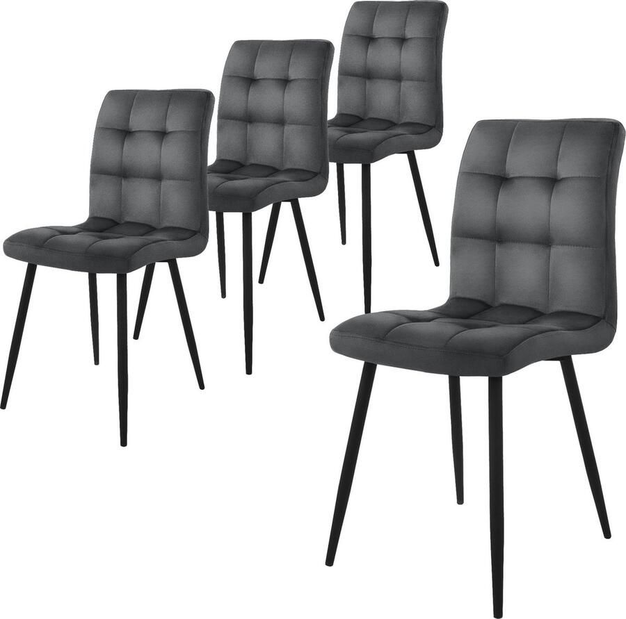 Ml-design Eetkamerstoel set van 4 vierkant gewatteerd met rugleuning antraciet Keukenstoel met microvezel fluwelen bekleding