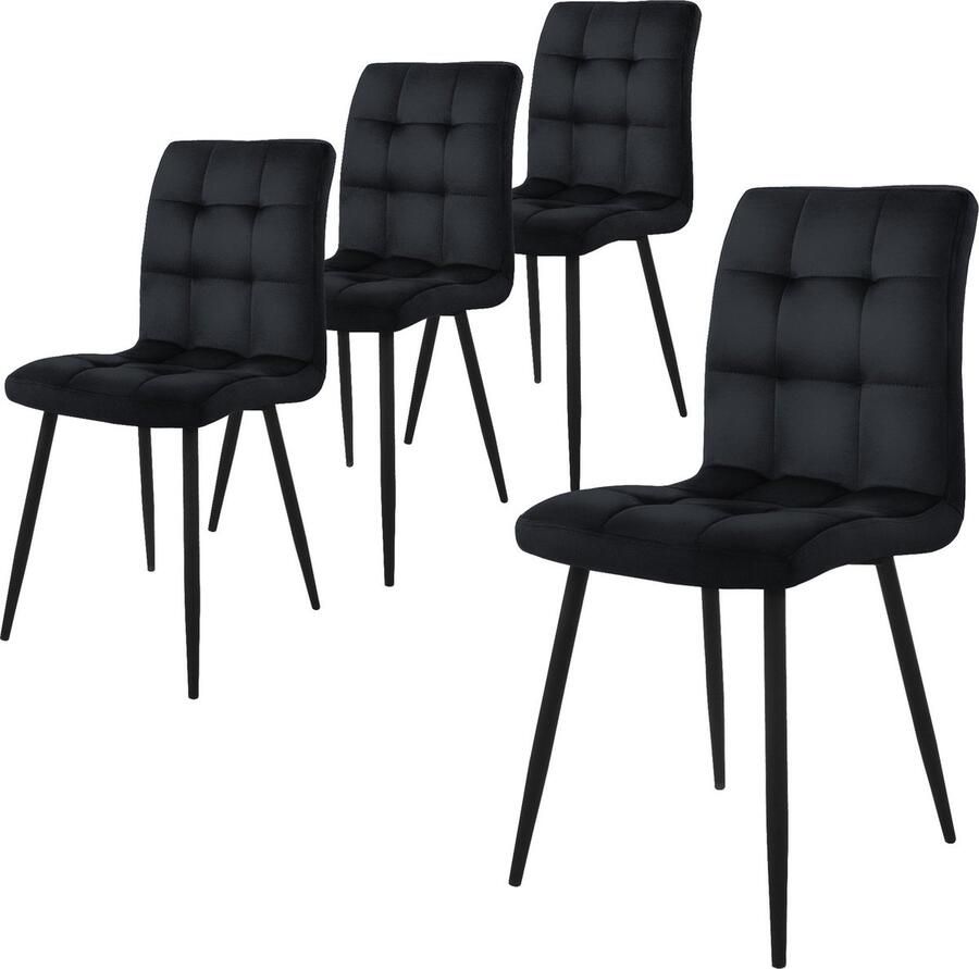 Ml-design Eetkamerstoel set van 4 vierkant gewatteerde zwart fluwelen bekleding met metalen poten incl. montagemateriaal