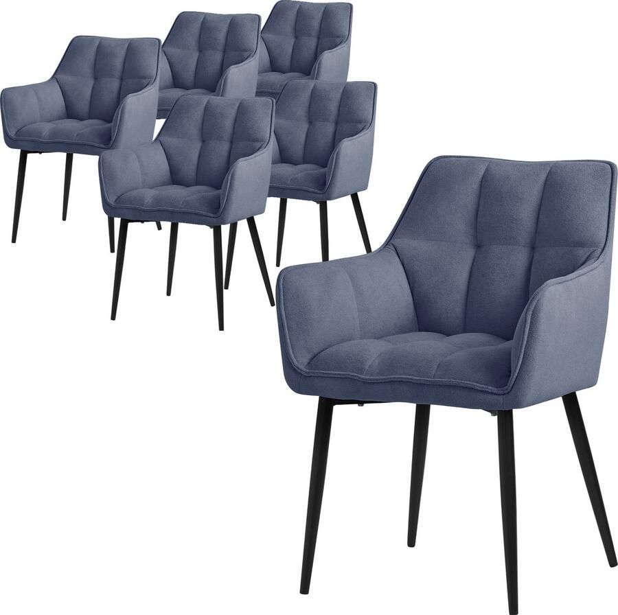 Ml-design eetkamerstoelen set van 6 in badstof blauw keukenstoel met dikke gestoffeerde zitting & metalen poten woonkamerstoel met rugleuning en armleuningen ergonomische loungestoel
