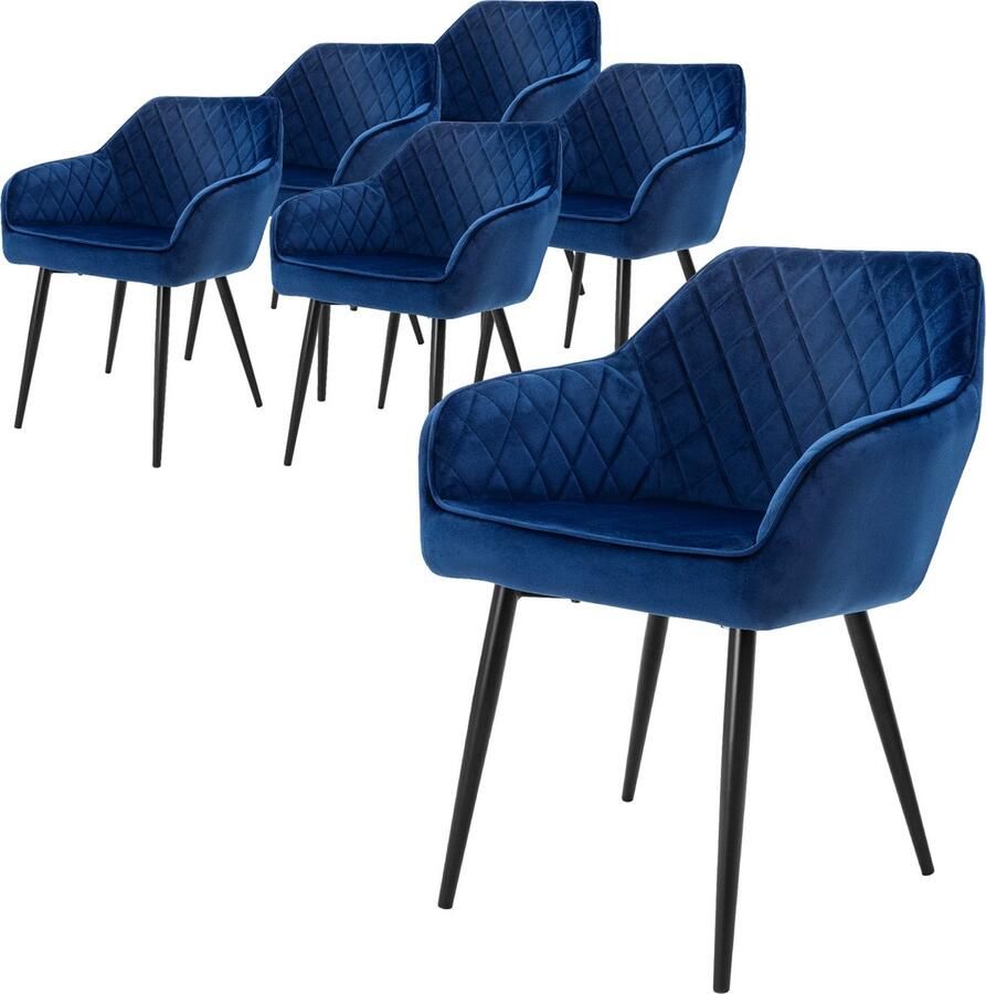 Ml-design Set van 6 Eetkamerstoelen met Armleuningen en Rugleuning Donkerblauw Keukenstoel met Fluwelen Bekleding Gestoffeerde Stoel met Metalen Poten Ergonomische Stoel voor Eettafel Eetkamerstoel Woonkamerstoel - Foto 2