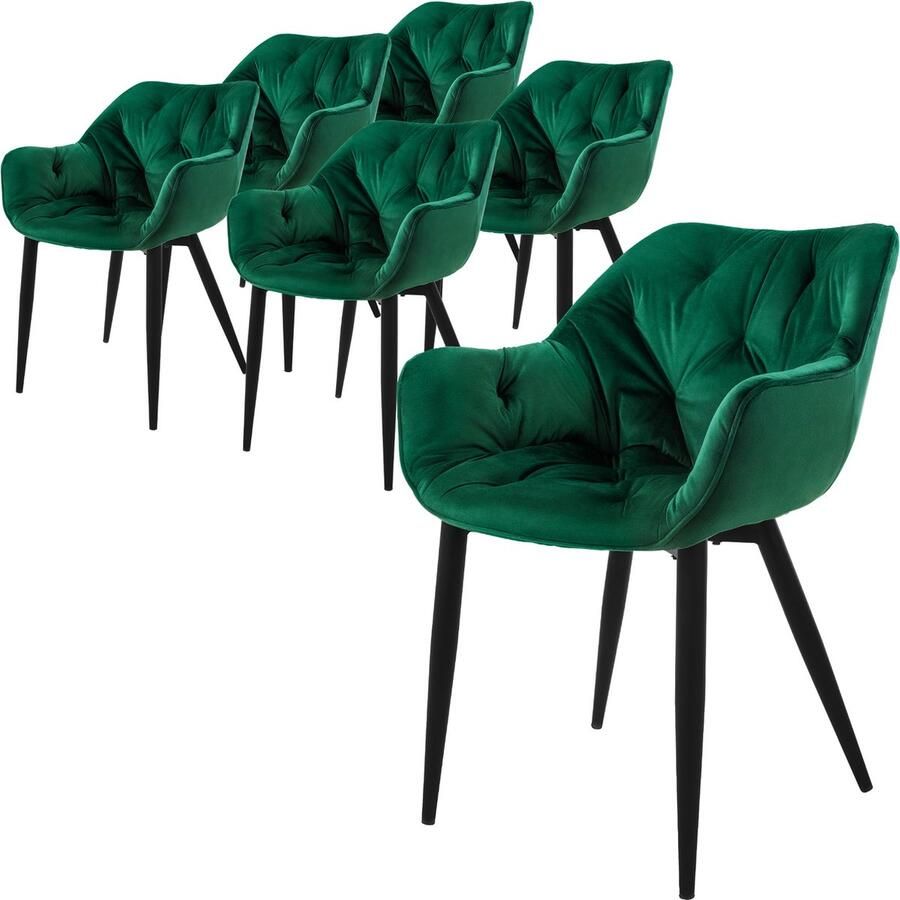 Ml-design Eetkamerstoel set van 6 Grote ruitvormige quilting met rugleuning en armleuningen Donkergroen Keukenstoel met microvezel fluwelen bekleding - Foto 2