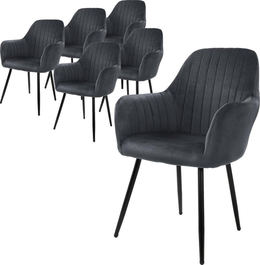 Ml-design Eetkamerstoel set van 6 met rugleuning en armleuningen Grijze keukenstoel met microvezel fluwelen hoes