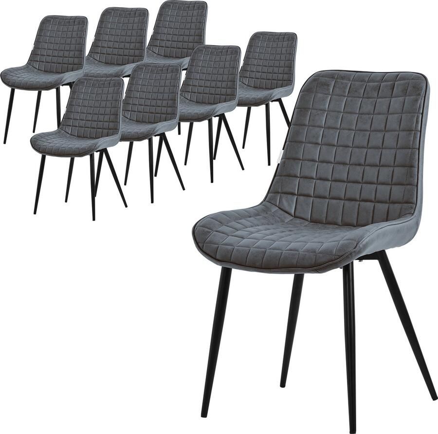 Ml-design Eetkamerstoel set van 8 antraciet met kunstlederen bekleding en stalen poten Keukenstoel met rugleuning