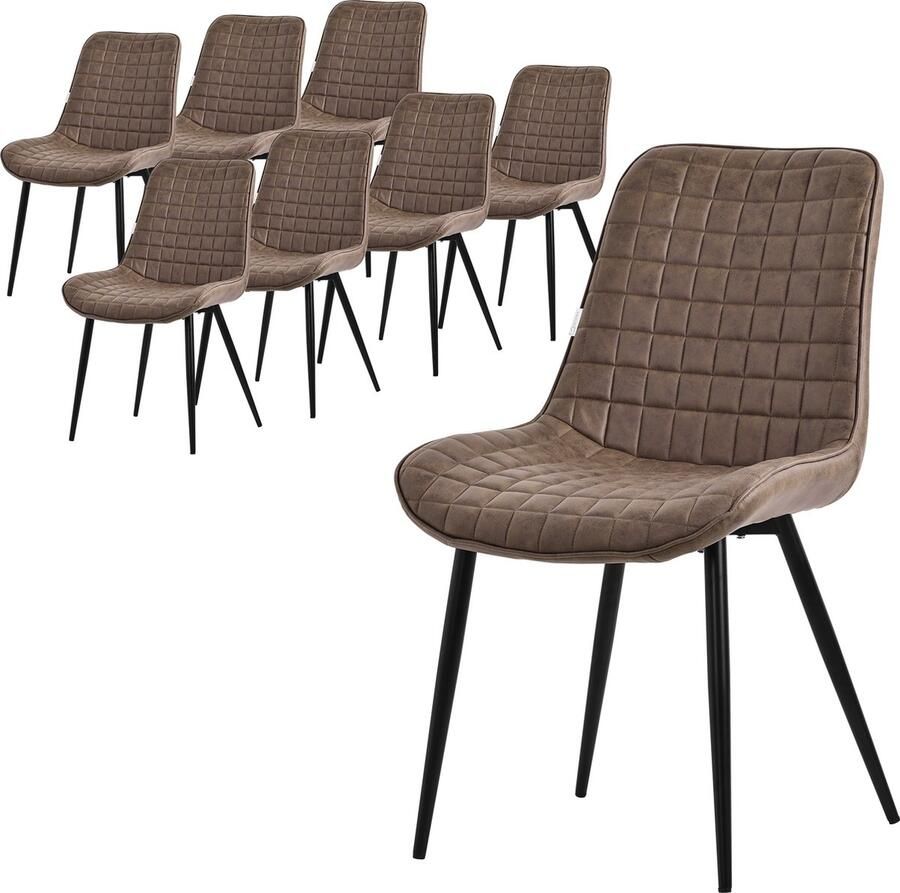 Ml-design Eetkamerstoel set van 8 bruin met kunstlederen bekleding en stalen poten Keukenstoel met rugleuning