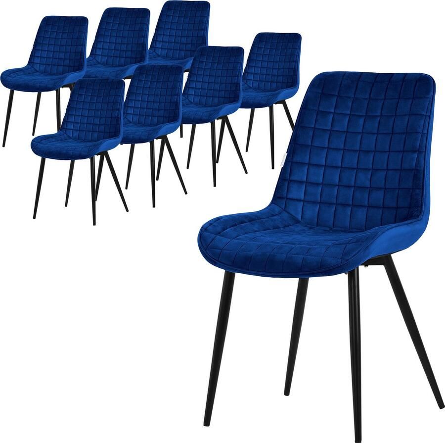 Ml-design Eetkamerstoel set van 8 donkerblauw met fluwelen bekleding en stalen poten Keukenstoel met rugleuning
