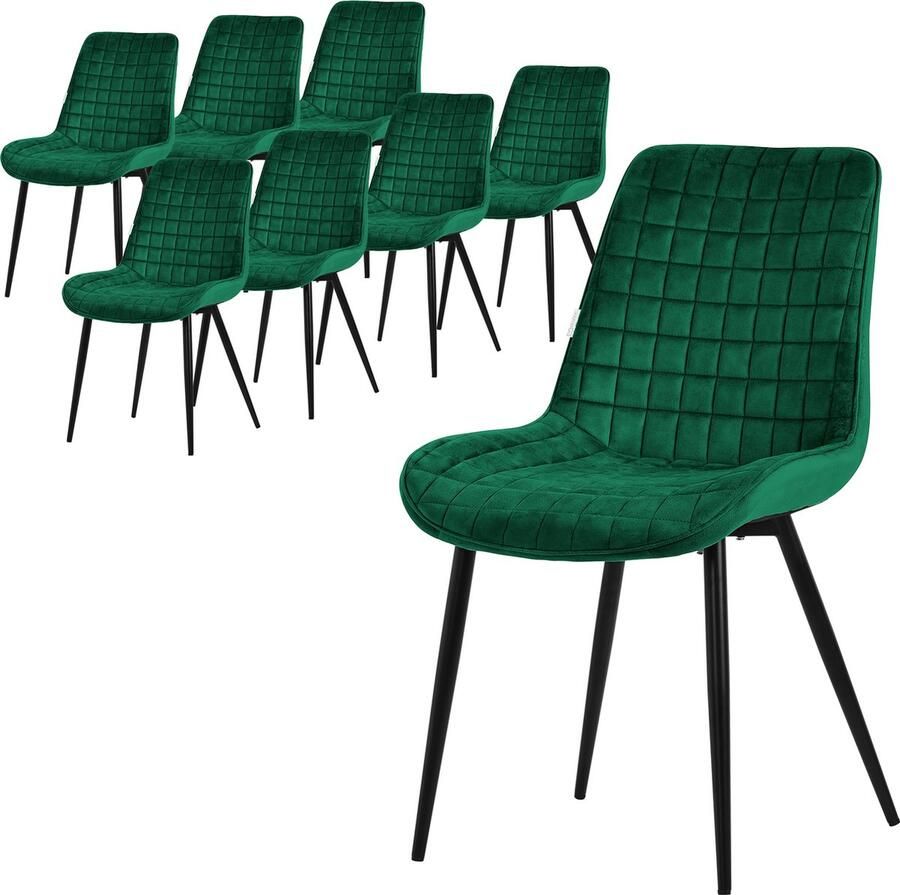 Ml-design Eetkamerstoel set van 8 donkergroen met fluwelen bekleding en stalen poten Keukenstoel met rugleuning