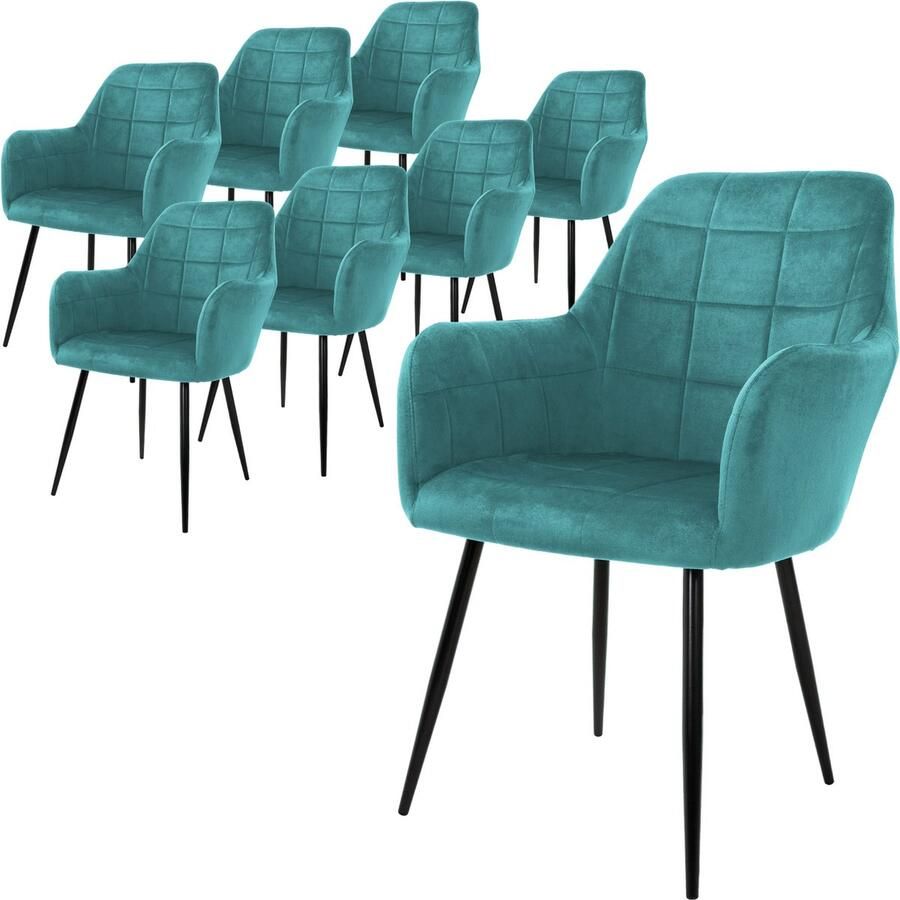 ML-Design ECD Germany Set van 8 Eetkamerstoelen met Rugleuningen en Armleuningen Turquoise Keukenstoelen met Fluwelen Bekleding
