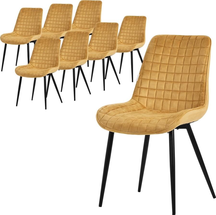 Ml-design Eetkamerstoel set van 8 mosterdgeel met fluwelen bekleding en stalen poten Keukenstoel met rugleuning