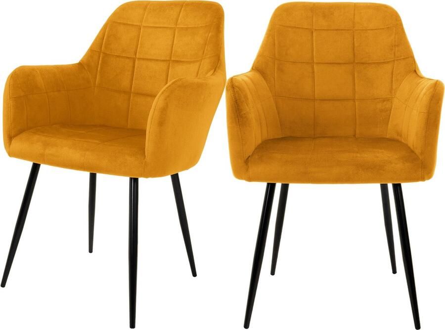 Ml-design set van 2 eetkamerstoelen met armleuning en rugleuning oker keukenstoel met fluwelen bekleding en metalen poten ergonomische stoel voor eettafel woonkamerstoel - Foto 4
