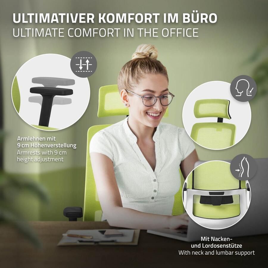 Ml-design Ergonomische bureaustoel groene netstof met verstelbare armleuningen en hoofdsteun ML ontwerp - Foto 2