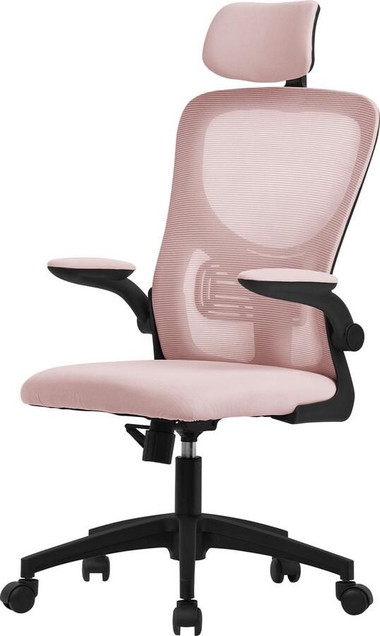 Ml-design Ergonomische bureaustoel roze netstof met verstelbare hoofdsteun en wielen