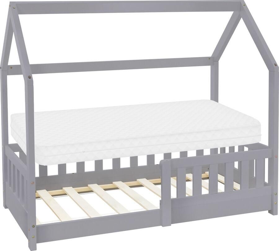 Ml-design Kinderbed huisbed 70x140 cm lichtgrijs gemaakt van dennenhout met uitvalbeschermend dak en lattenbodem houten bed - Foto 2