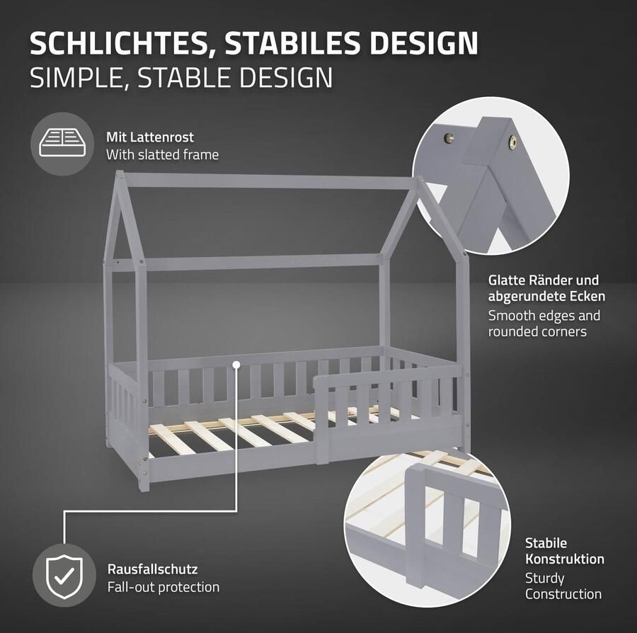 Ml-design Kinderbed huisbed 70x140 cm lichtgrijs gemaakt van dennenhout met uitvalbeschermend dak en lattenbodem houten bed