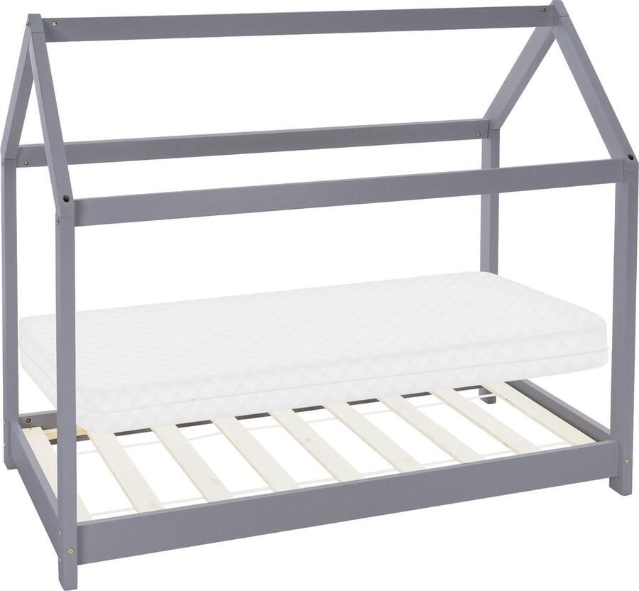 Ml-design Kinderbed huisbed 70x140 cm lichtgrijs gemaakt van grenenhout incl. matras H-10cm houten bed met dak en lattenbodem - Foto 4