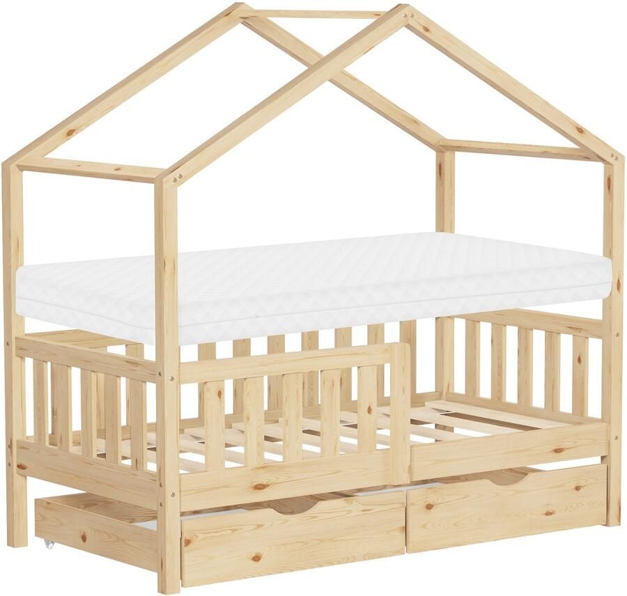 Ml-design Kinderbed huis bed 70x140 cm naturel met matras houten bed met 2 laden uitvalbeveiliging en lattenbodem speelbed van grenenhout Montessori bedframe voor kinderen vloerbed bed huis - Foto 2