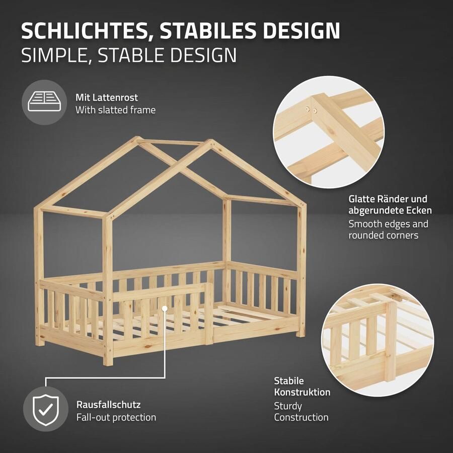 Ml-design kinderbed huis 70x140 cm naturel met matras houten bed met valbeveiliging lattenbodem en dak speelbed van grenenhout voor kinderen Montessori vloerbed juniorbed bedframe speels bedhuis