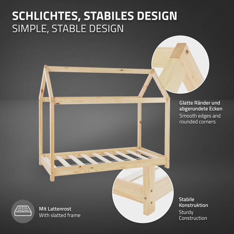 Ml-design Kinderbed huisbed 70x140 cm van grenenhout incl. matras H-10cm houten bed met dak en lattenbodem - Foto 4