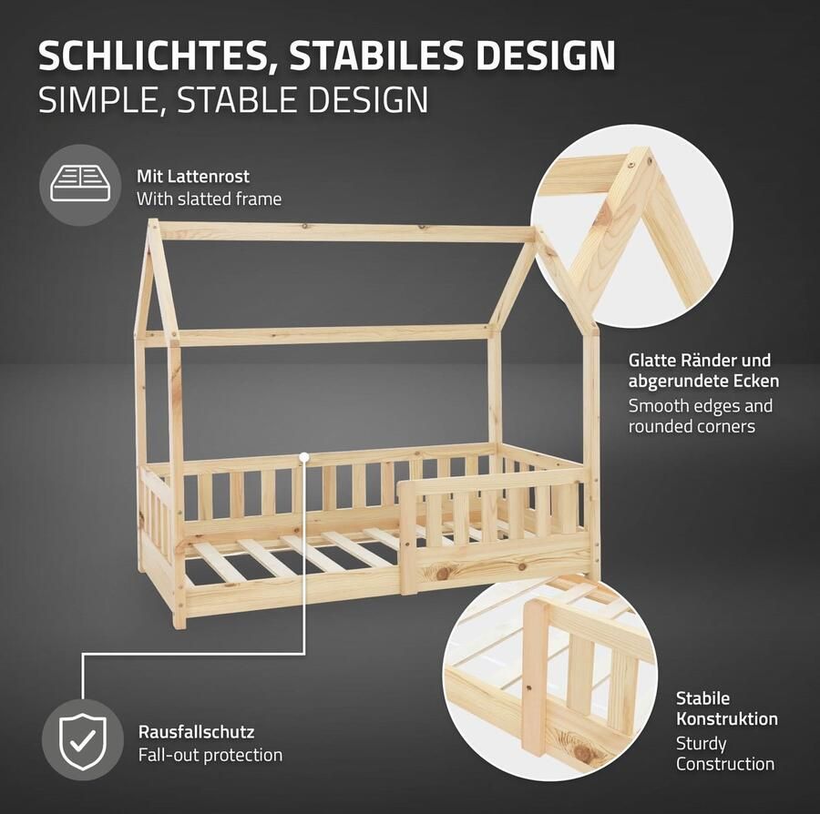 Ml-design Kinderbed Huisbed 90x200 cm gemaakt van dennenhout met uitvalbeschermend dak en lattenbodem Houten bed - Foto 2
