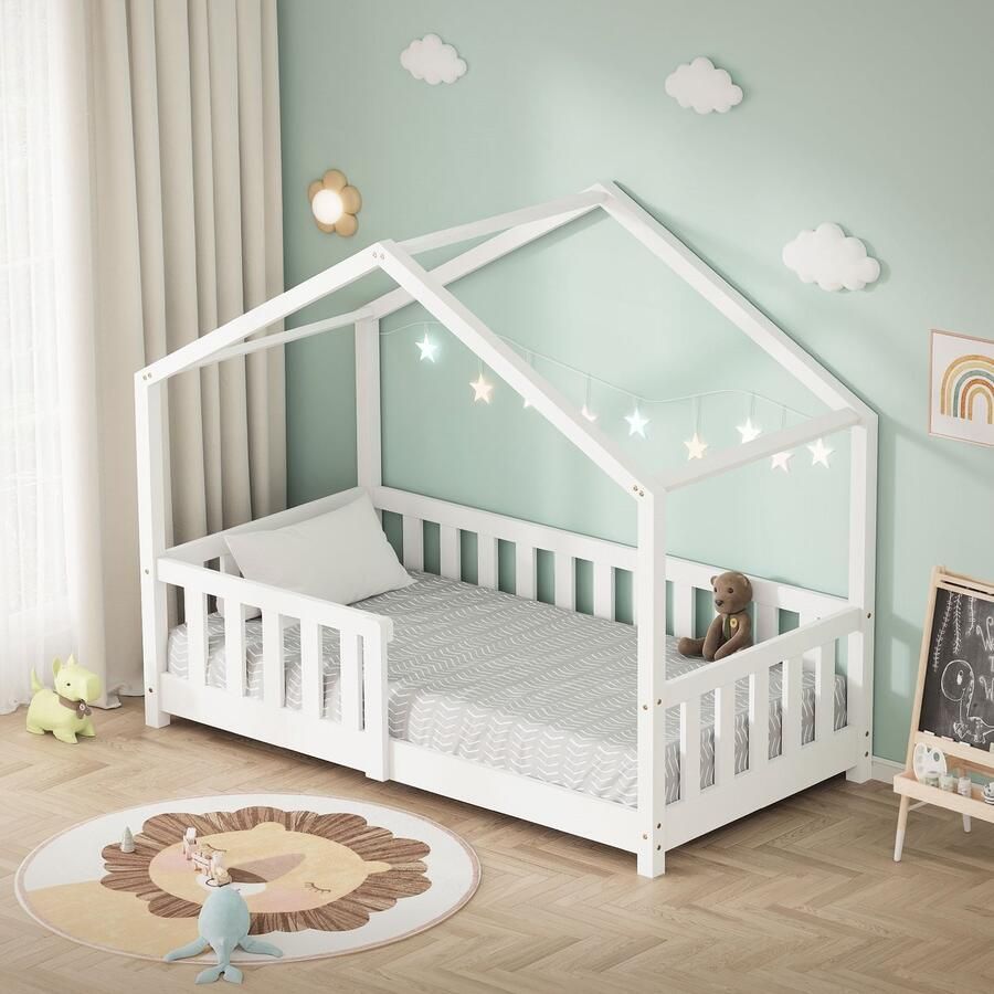 Ml-design Kinderbed Huisbed 70x140 cm wit gemaakt van dennenhout Houten bed met dak en lattenbodem